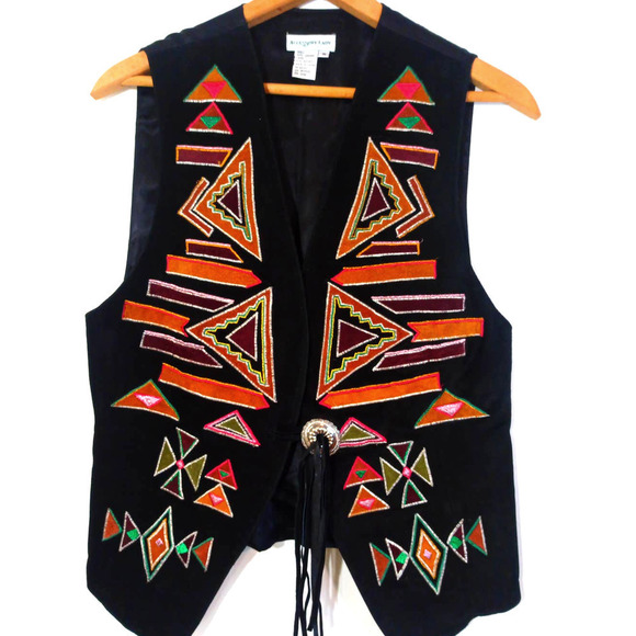 Accessory Lady Jackets & Blazers - Accessory Lady Women M Black Brown Leather Western Southwest Vest Tassel Tie